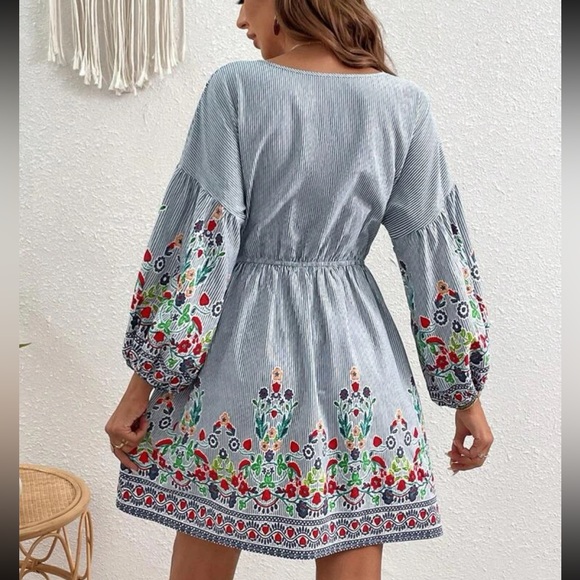 Boho Floral Print Tassel Stripes Long Sleeve Dress - Picture 5 of 5